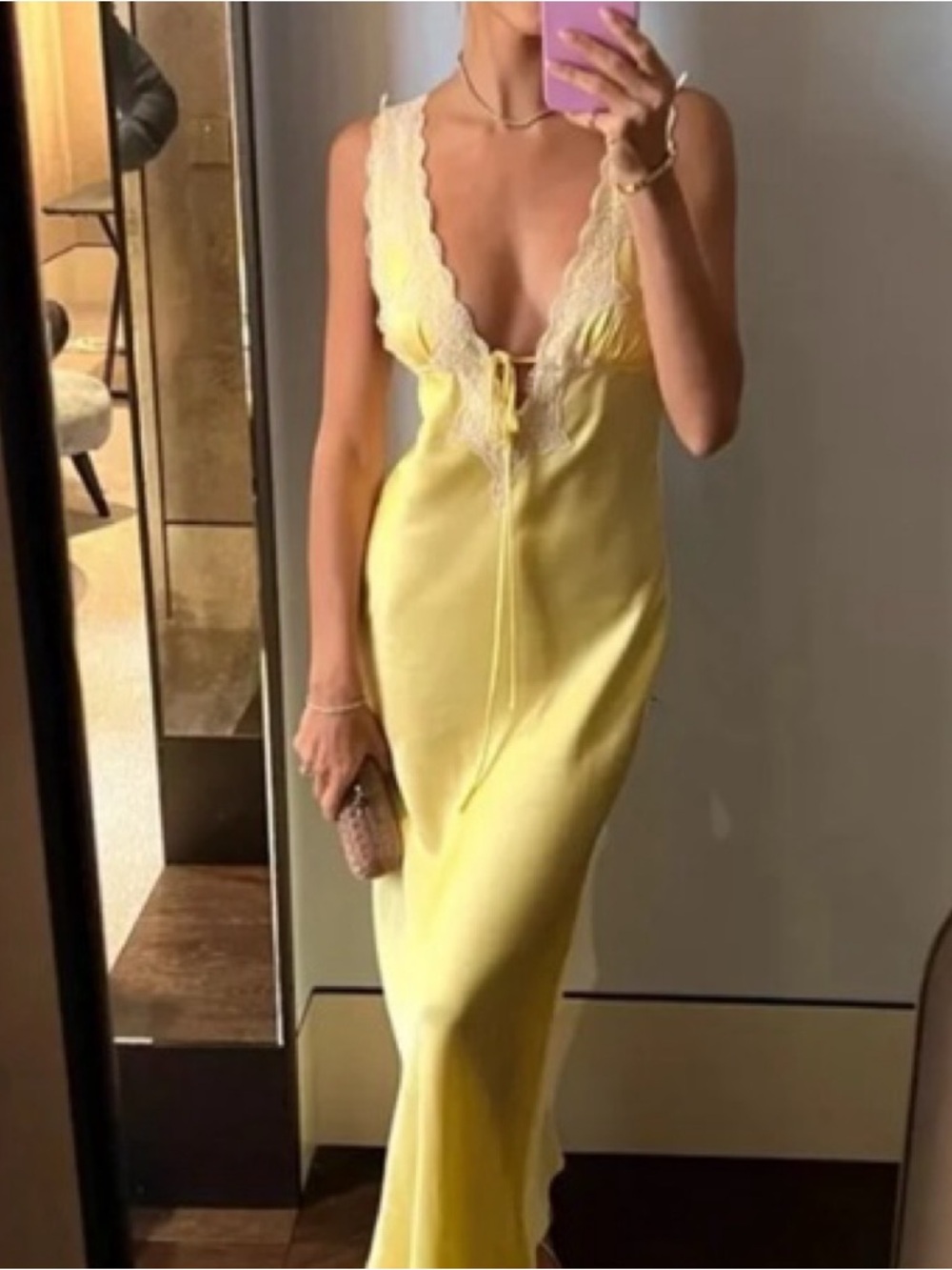 Rumored Yellow Satin Lace-Trim Slip Dress - Picture 4 of 11